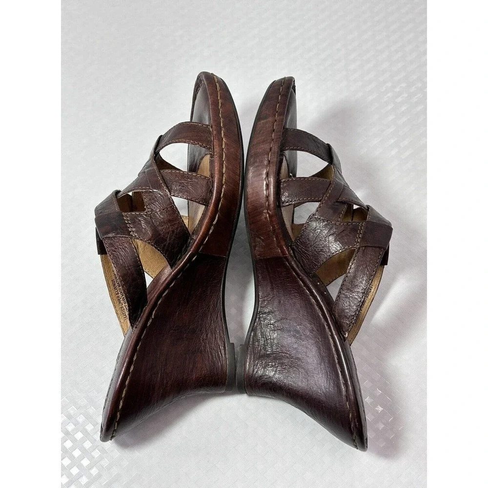 Born Womens Brown‎ Leather Wedge Sandals Shoes W6309 US Size 9 M/W EUR 40.5